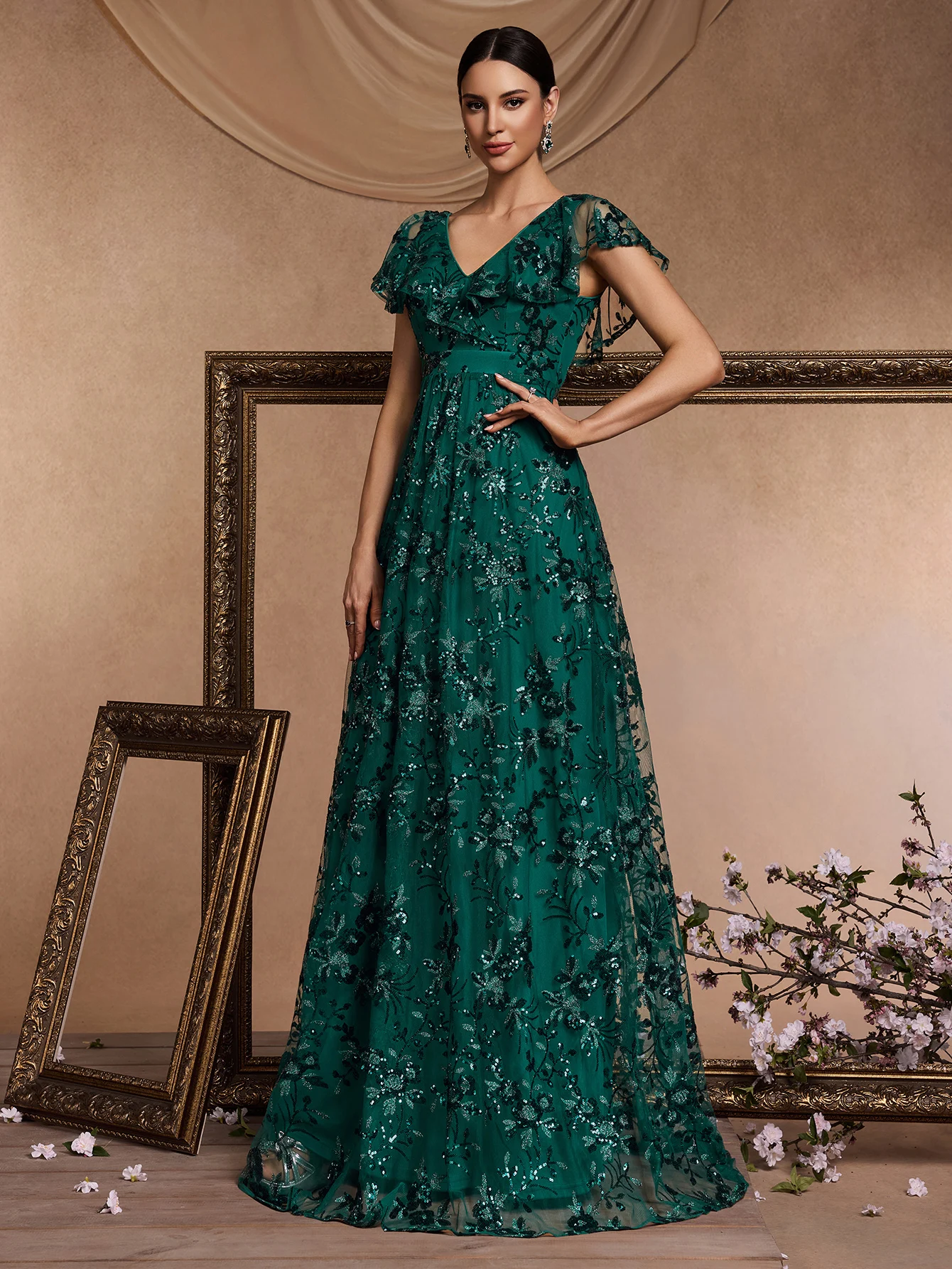 XUIBOLB Luxuriöses bodenlanges Abendkleid mit V-Ausschnitt, lang, 2024, Damen, elegantes Partykleid, Pailletten, kurze Ärmel, Abschlussball-Cocktailkleid