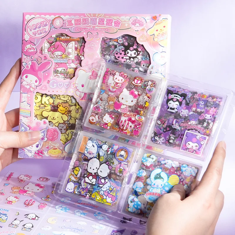 Sanrio 100-Piece Sticker Set Non-Repeating Hello Kitty Cinnamoroll Kuromi Waterproof Stationery Sticker Diy Handbook Stickers