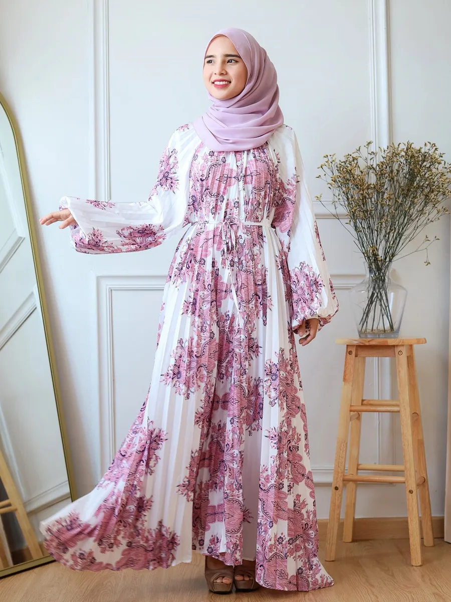 2024 Muslim Sets Dubai Abaya Printed Long Dresses Pleated Loose Casual Robe Femme Islam Clothing Hijab Dress Abayas for Women