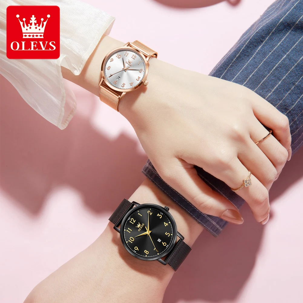 ساعات OLEVS للأزواج كاجوال تريند من الفولاذ المقاوم للصدأ ماركة أصلية كوارتز ساعة يد مقاومة للماء بمينا رفيع للغاية وتاريخ عصري #4
