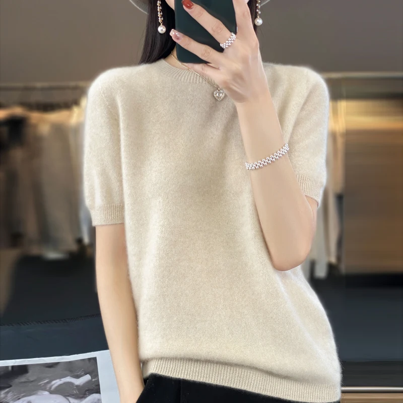 Spring and summer 100% pure wool short sleeve female O-neck solid color knitted T-shirt loose wool bottoming shirt