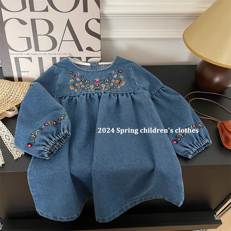 

In-stock Children's Spring Clothing New Arrivals2025Girls Soft Denim Embroidered Dress Long Sleeve Skirt