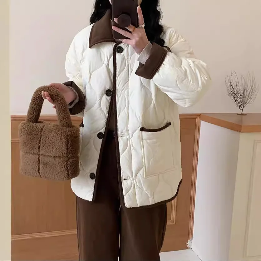 

Women Cotton Coat Parkas Jacket Patchwork Single Breasted Turn Down Collar Overcoat Winter Windproof Outerwear Autumn Winter