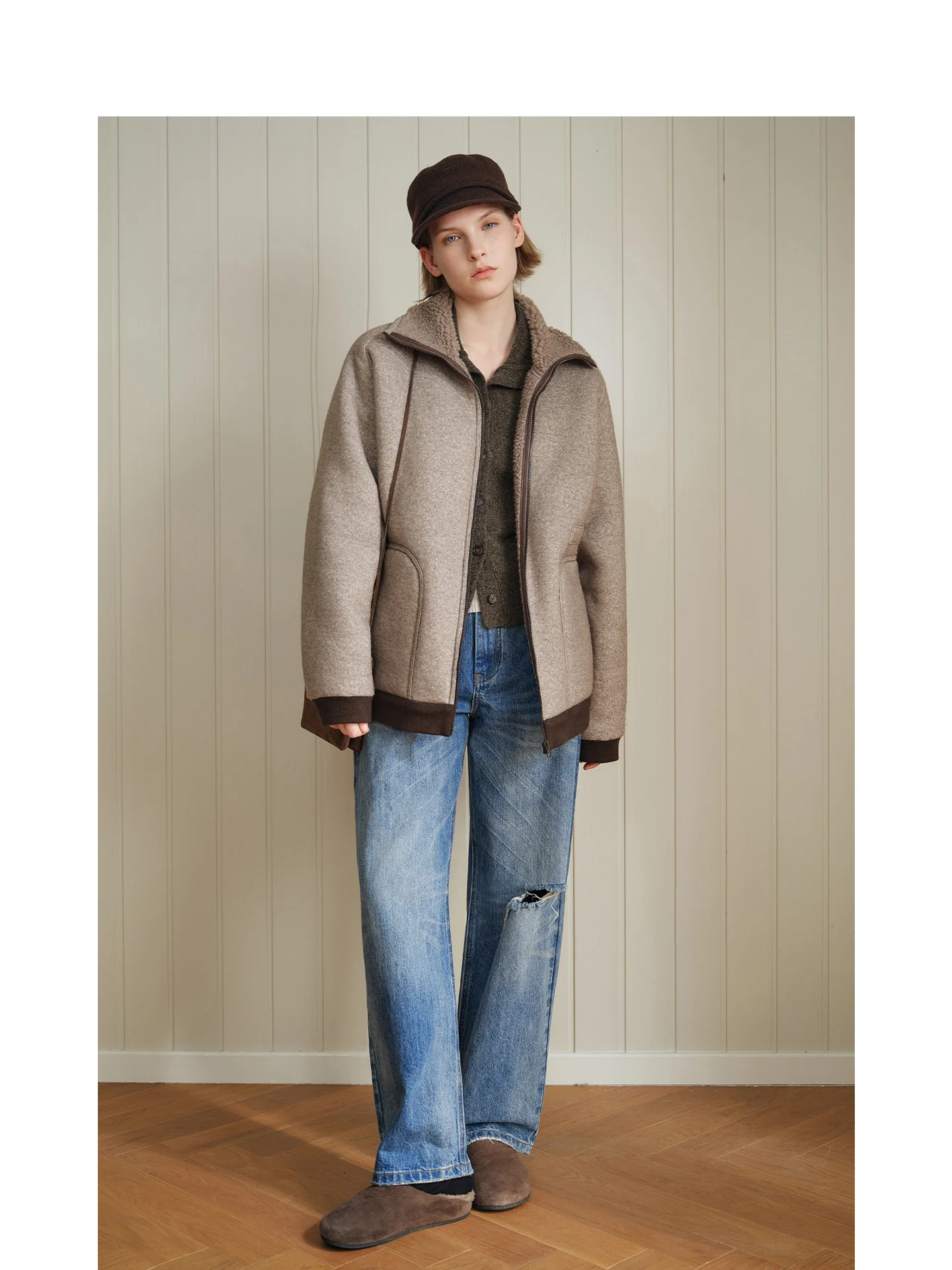 

Mincollection Lambskin Fce Jaet Zipper Collar Winter Coat Particle Velvet Cotton Clothes Simple Sle Long Sve