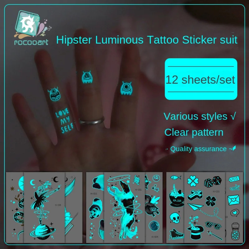 

12Zhang Temporary Blue Color Luminous Tattoo Stickers Waterproof Small Fresh Snake Butterfly Electronic Music Festival Party Sti