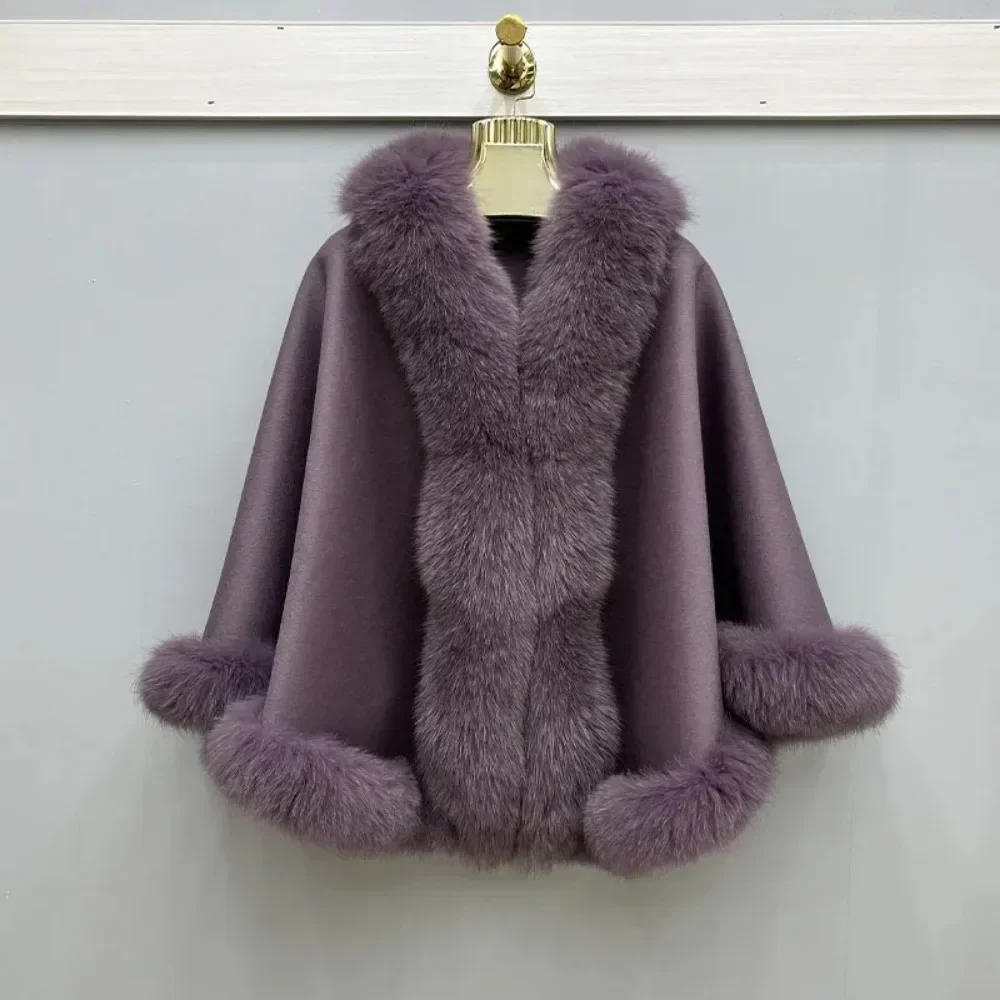 2024 New Autumn Winter Fashion Women Wool Warm Cardigan Shawl Jacket with Real Fox Fur Collar Ponchos Cloak Outwear Female Coats