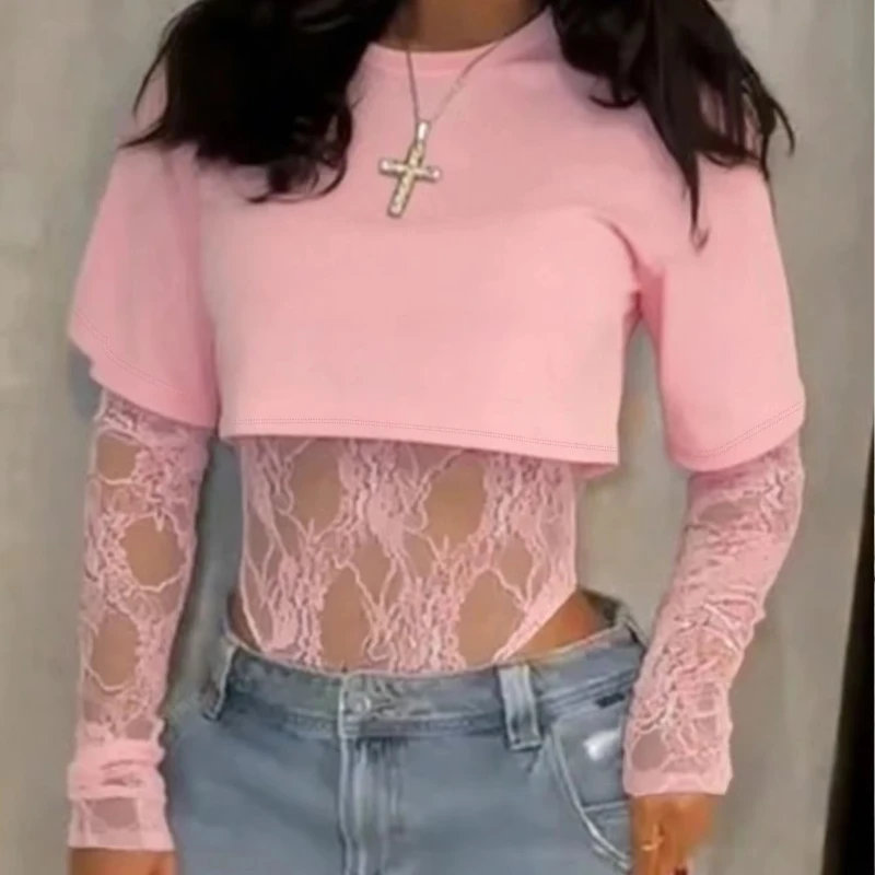 Women's Pure Colour Lace Design Long Sleeved Fake Two-piece Fashion Sexy Round Neck Short Sleeved Top Jumpsuit Street Clothe