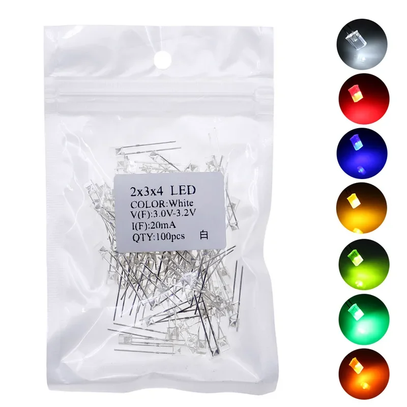 100pcs/lot 2x3x4 square LED emitting diode lamp White Red Green Blue yellow orange indicator