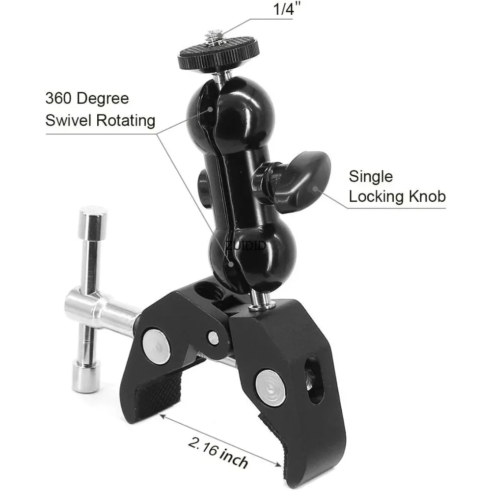 New Metal Super Clamp Mount with Double Ball Head Magic Arm Clamp 1/4'' 3/8'' Hole for Mount DSLR Camera Monitor LED Light Mic