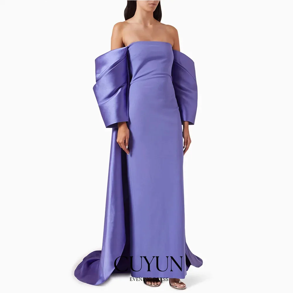 

CUYUN Simple Evening Dress Customized Strapless Off Shoulder Pleat Sweep Train Arabian Party Dress Lavender Prom Gown for Woman
