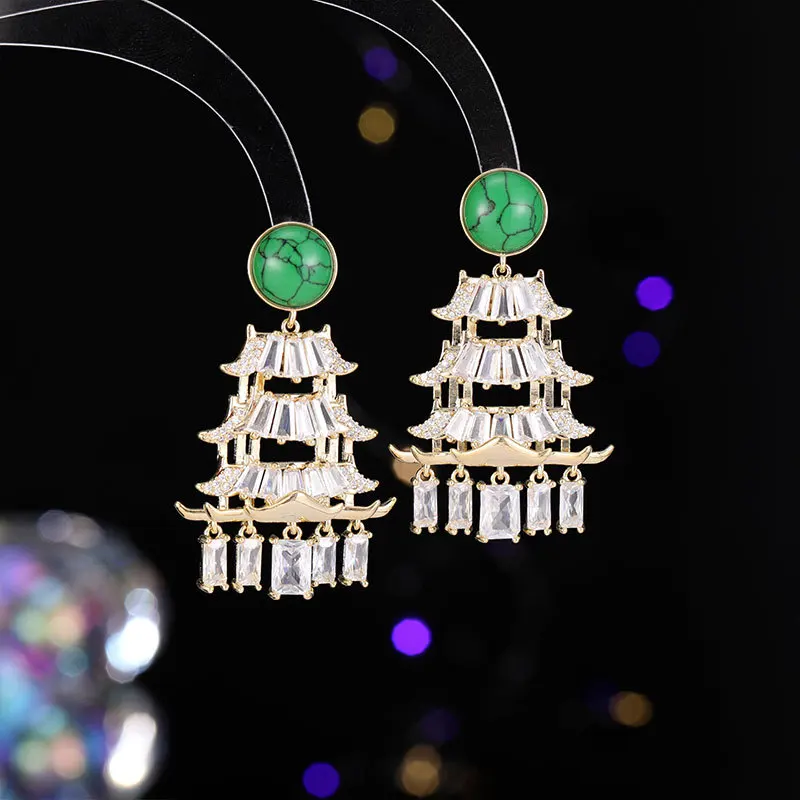 Chinese Style Micro-inlaid Zircon Earrings Classical Zirconium Pavilion Drop Earrings for Women's Retro Dangle Ear Ring Jewelry