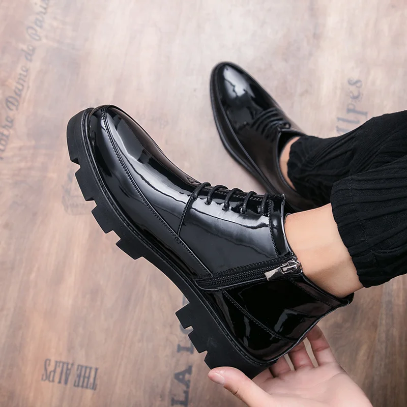 Man High Heels Patent Leather Boots Men High Quality Platform Shoes Black Cowboy Boots Outdoor Men Height Increase Dress Boots