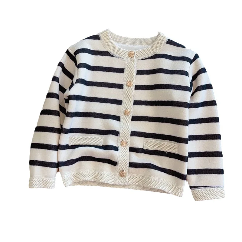 Korean style Girls striped knit Cardigan Winter 2024 Baby Girl thick Lining Fleece Sweater Children\'s Clothing warm casual Coat