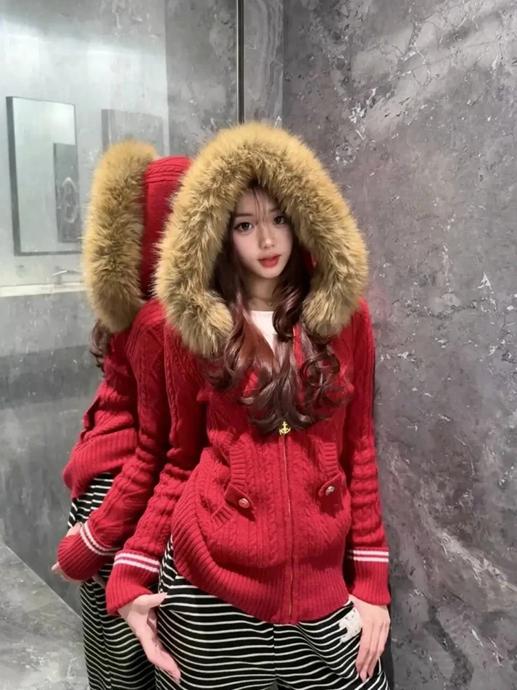 Red Hooded Slim Fit Long Sve Knitted Cardigan Women's Autumn Winter Faion Lazy Sle Polyester Fiber Open Front Sweater