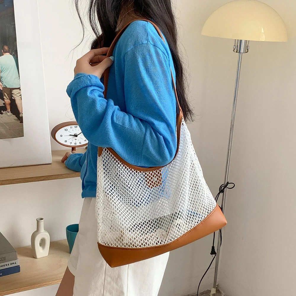 

Korean Style Woven Mesh Bag Women Casual Summer Beach Sandbag Hollow Out PU Splicing Design Single Shoulder Tote Large Bags