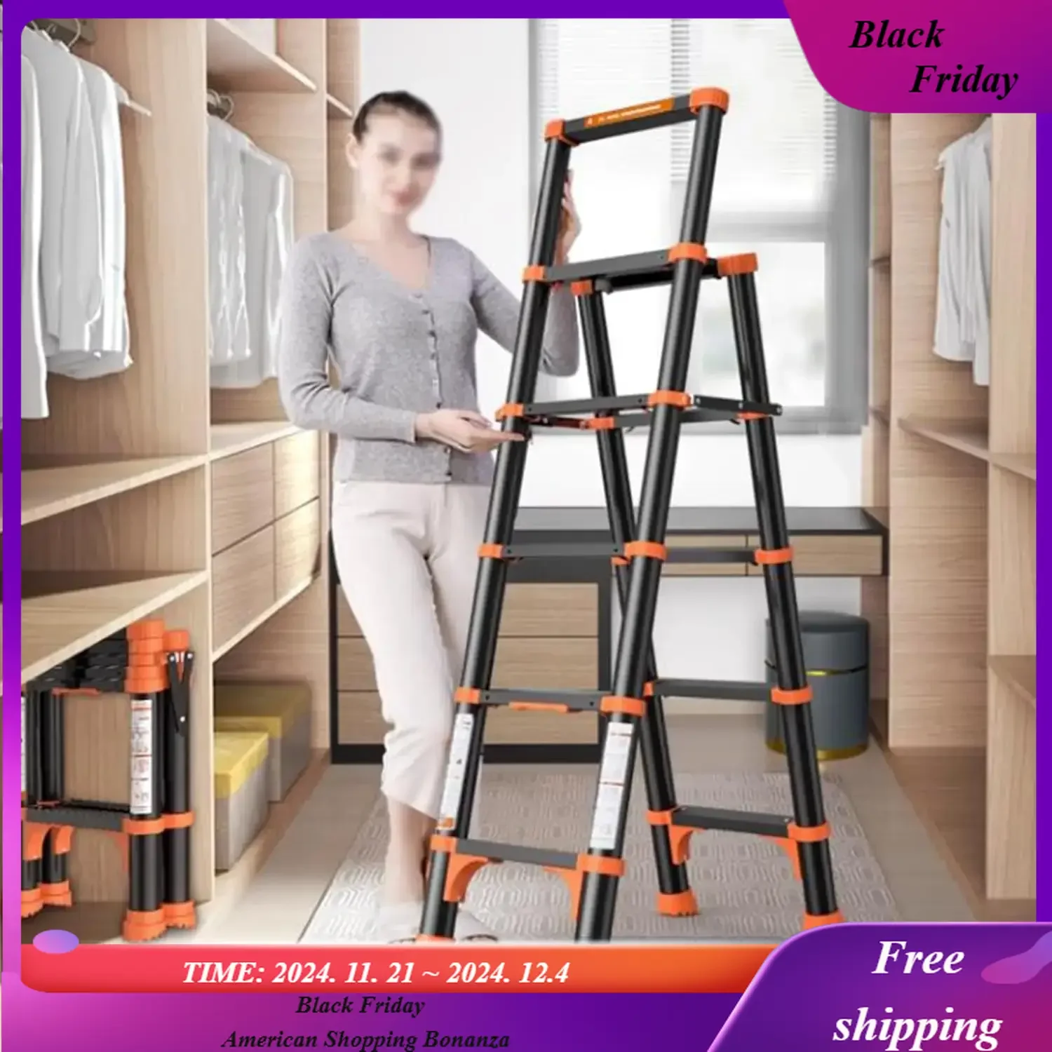 Telescopic Ladder with One Button Retraction Indoor Outdoor Folding Telescoping Ladder Aluminium Multi Purpose