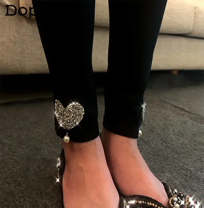 Black Stretch Rhinestone Skinny Pants Women Leggings Pearl Thick Velvet Ankle-Length Elastic Pants Tide Autumn Winter Leggings