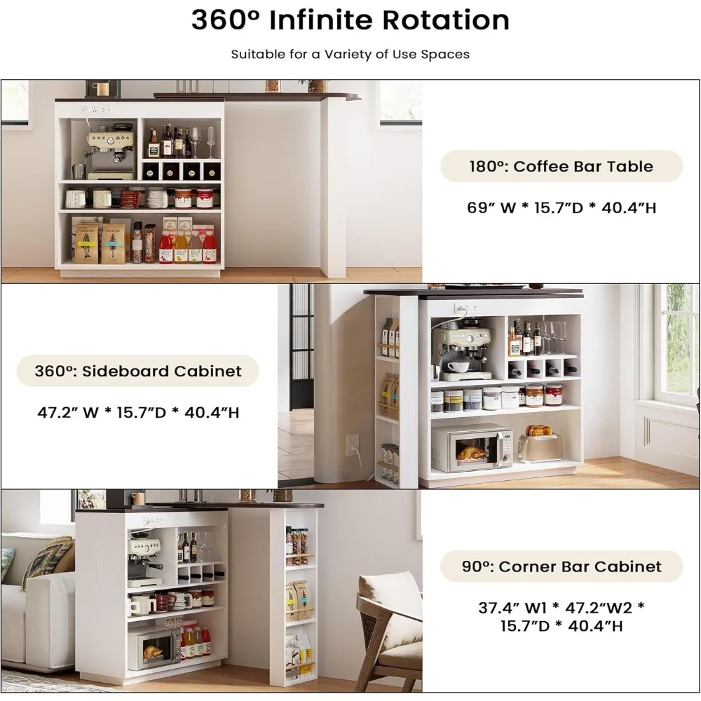 Rotating 360° Home Bar Cabinet with Storage and Power Outlet, Multipurpose Breakfast Bar, Sideboard, Coffee Table