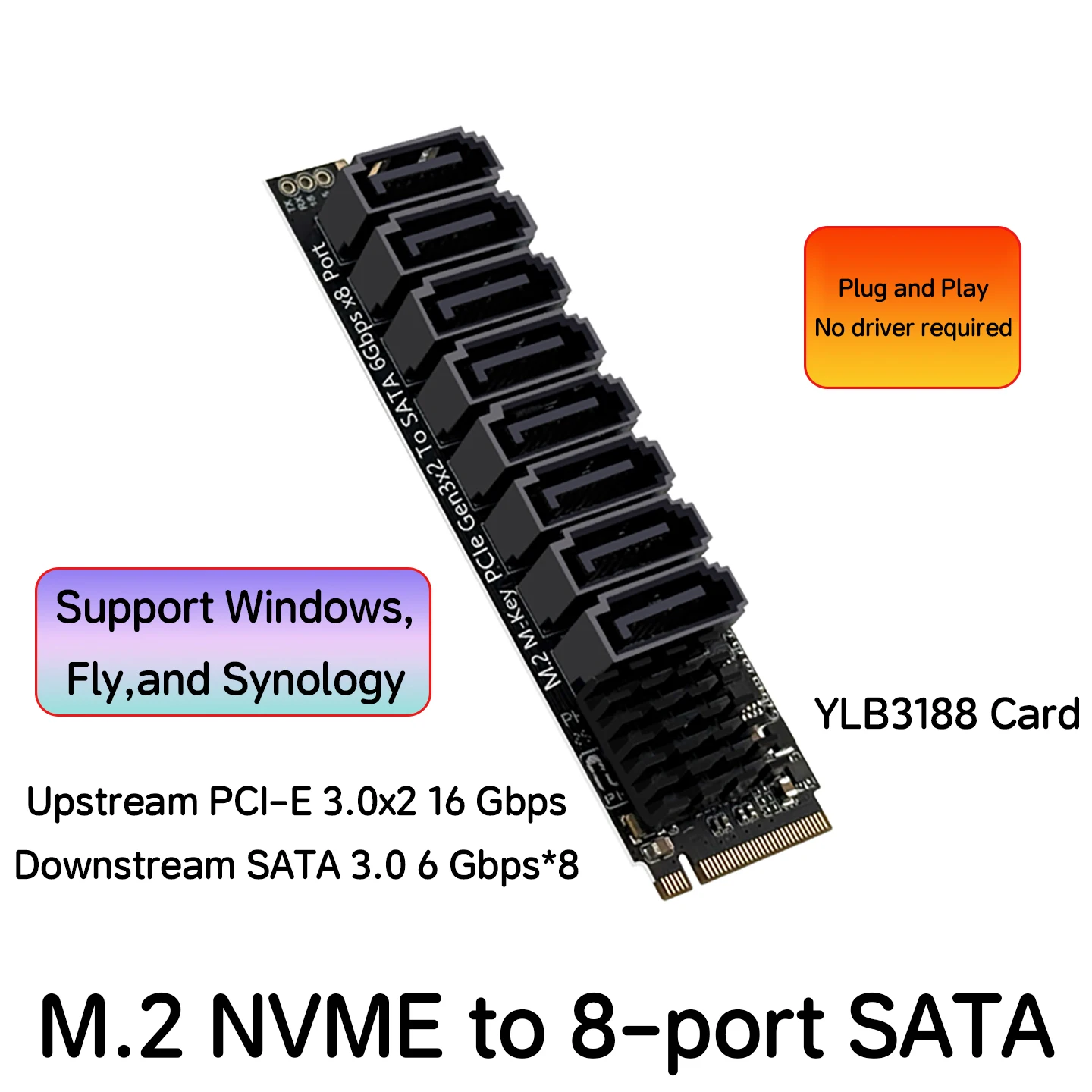M.2 NVMe to SATA 3.0 Adapter Card PCI-E to SATA 8-Port Plug and Play No Driver Required Support Windows /Fly/Synology/Mac OS
