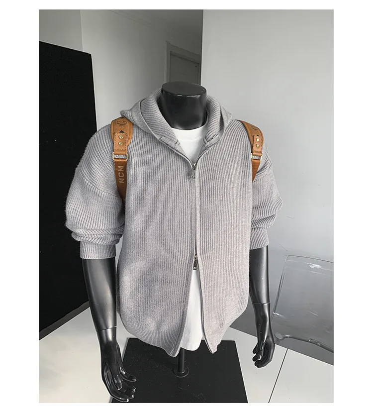 2026 New Autumn Winter Simple Solid Color Knitted Hoodie Men Japan Korean Fashion Casual Loose Double Zipper Hooded Jacket