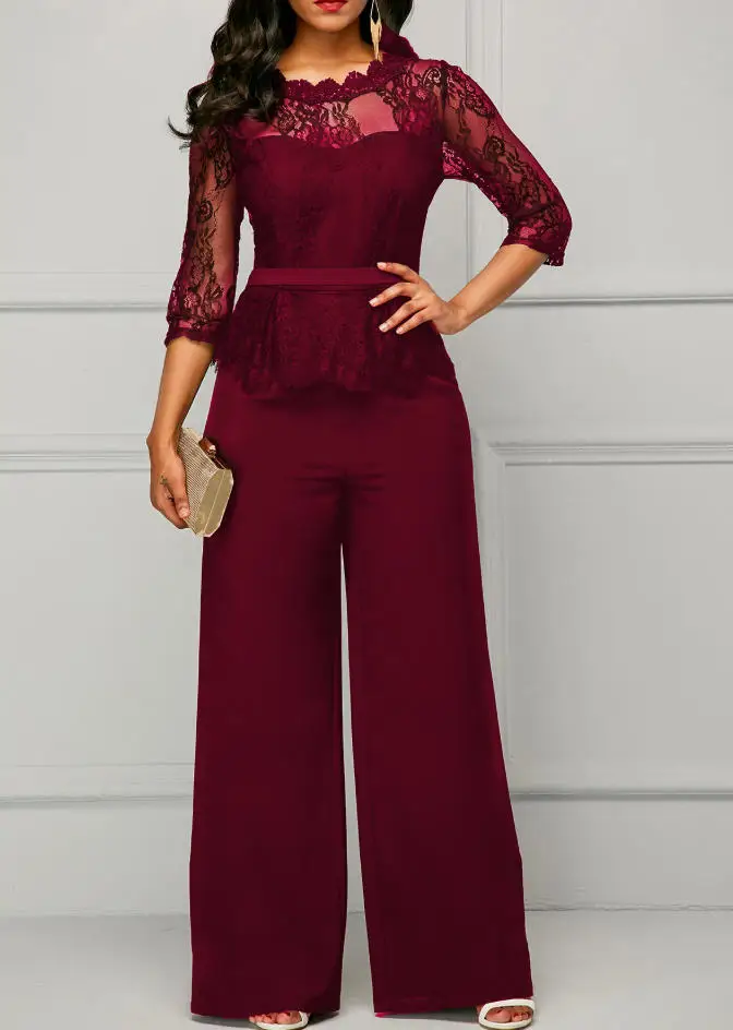 Jumpsuit Women 2026 Spring New Solid Color Lace Patchwork Round Neck Long Sleeve High Waist Casual Wide Leg Jumpsuit
