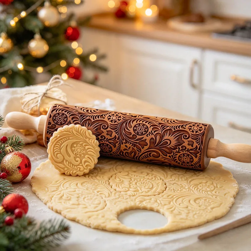 Wooden Christmas Snowflake Embossed Rolling Pin Dough Roller Laser Cut Paisley Pattern for Holiday Baking Home Gift Xmas Decor