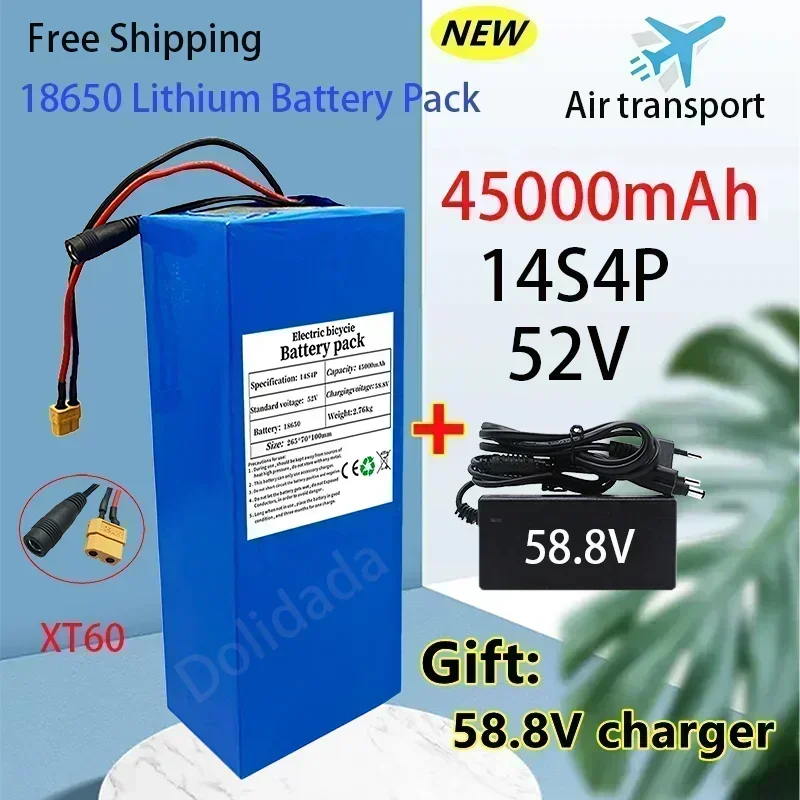 NEW 52V 14S4P 45000mah 18650 2000W Lithium Battery for Balance Car, Bike, Scooter, Tricycle (with Bms 58.8V Charger)