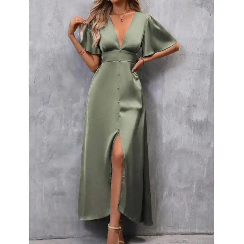 

New Q 844 Deep V Sve Split Thigh Satin Dr Cross-border Faionable Ele Sle Seven Sve Length