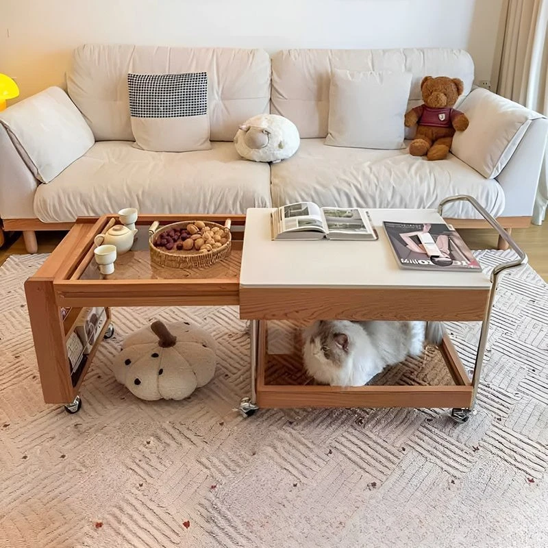 Mobile coffee table, Japanese-style sofa, living room extendable stove tea brewing solid wood, home small cart, tea