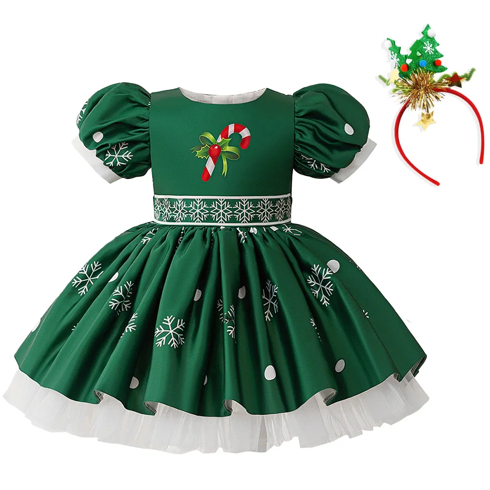 Christmas Carnival Party Dresses Kids Santa Claus Green Snowflake Gift Girl Red Stripe Umbrella Handle Dress Girls Christening