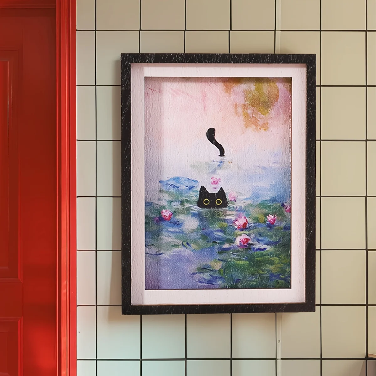 Mini-Kühlschrankmagnet in Rahmenform, Muster mit schwarzer Katze, die in einem Blumenbecken schwimmt, Heimdekoration, perfektes Weihnachtsgeschenk – Detail 1