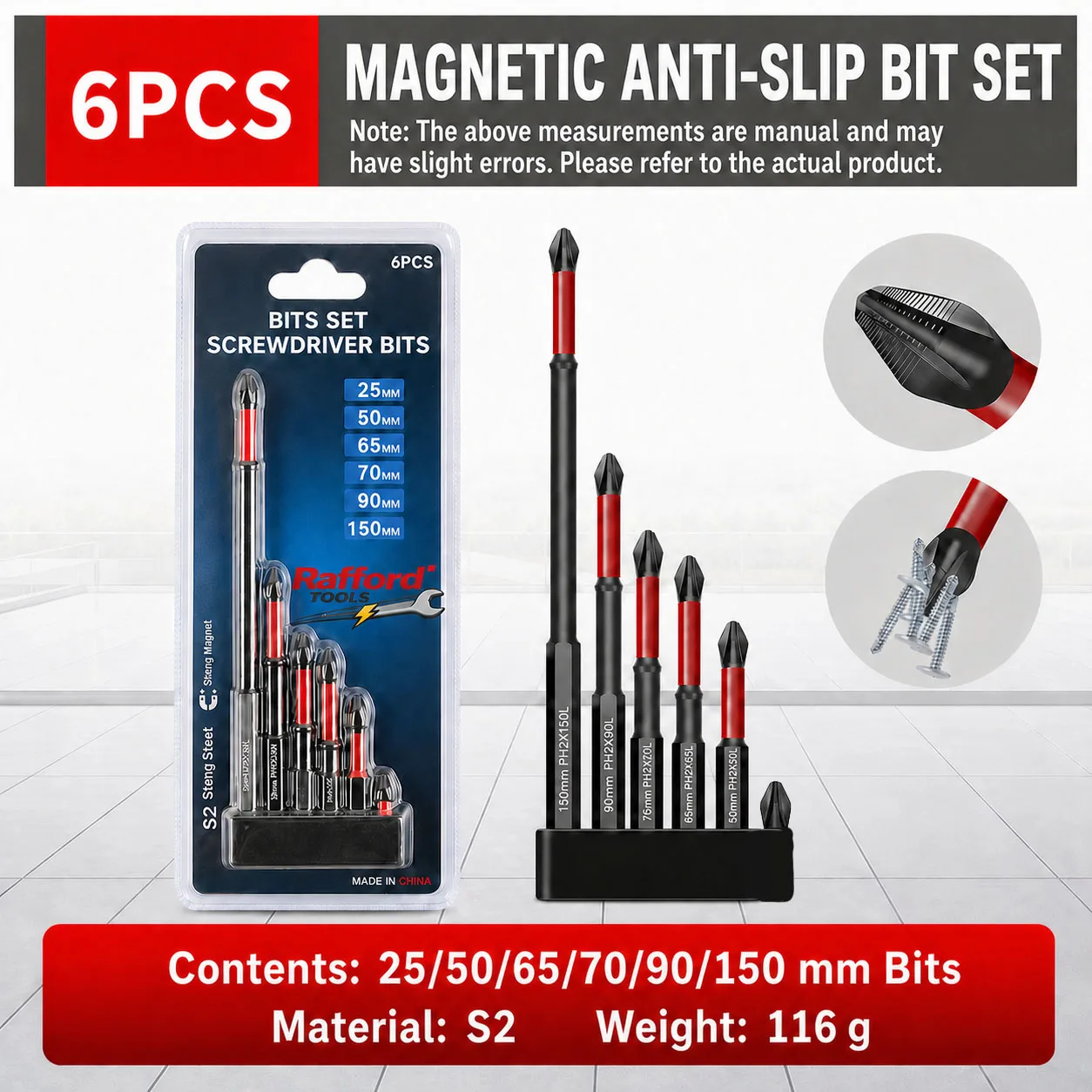 Rafford 6/7-Piece PH2 Magnetic Screwdriver Bit Set — S2 Steel Non-Slip Bits, Card-Mounted Packaging .Includes 60mm Extension Bar