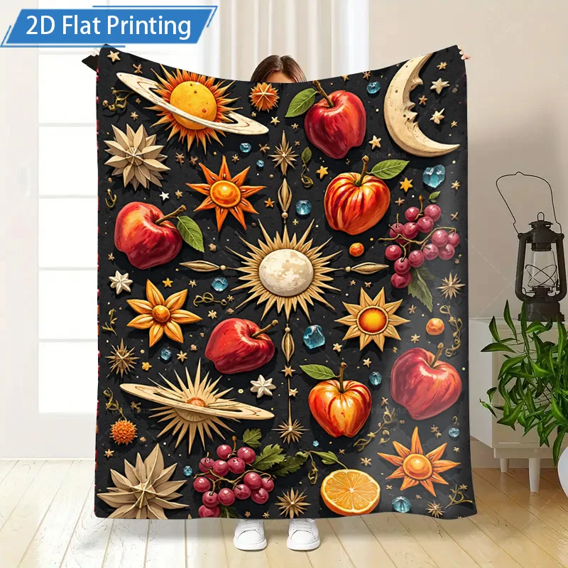 ผ้าห่มฟลานเนลลายผลไม้จักรวาล 1 ผืน ผ้าห่มขนแกะพิมพ์ลาย 2 มิติ ลายแอปเปิ้ลและดวงจันทร์ นุ่มสบาย เหมาะสำหรับเตียงหรือโซฟา