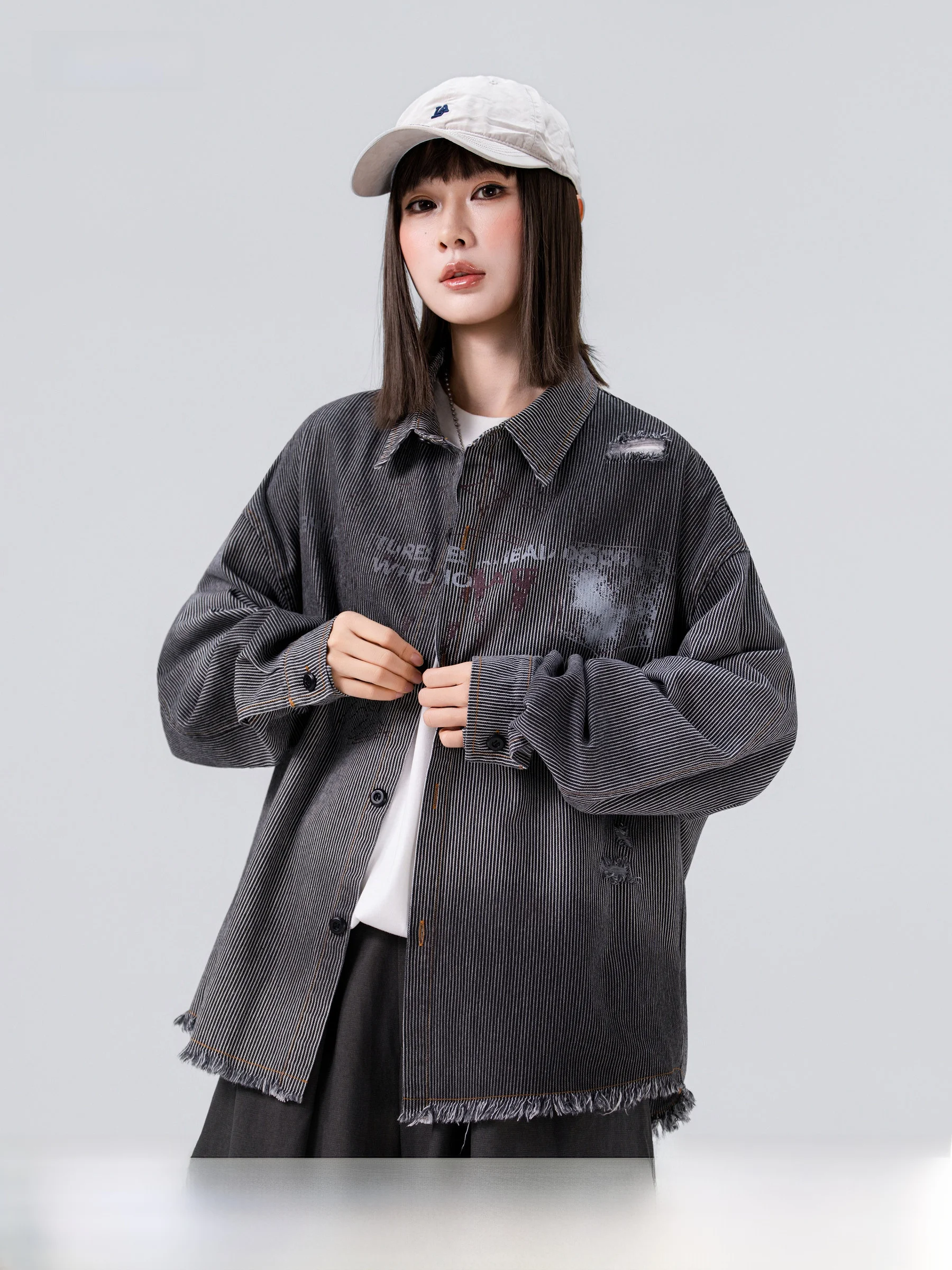 Retro American Style Long Sleeve Shirt Men Women Autumn Hole Design High Sense Open Cardigan Shirt Jacket Trendy Vintage Style