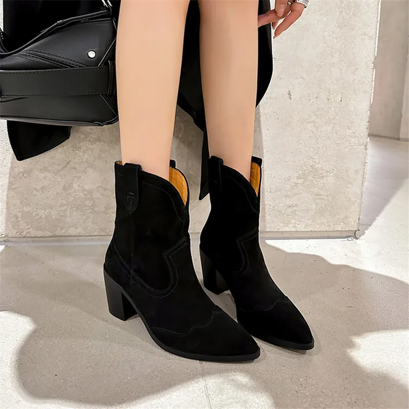 2023 Autumn/winter Women Boot Pointed Toe High Heels Cow Suede Western Boots for Women Handmade Knight Boots Zapatos Mujer