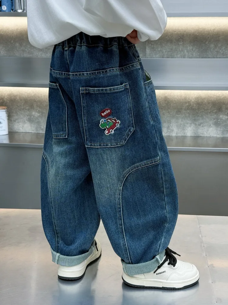 

Детские джинсы для мальчиков, весенне-осенние, с эластичной талией, свободные брюки, повседневные брюки с лоскутным узором, джинсовые брюки для подростков, 2-11 лет