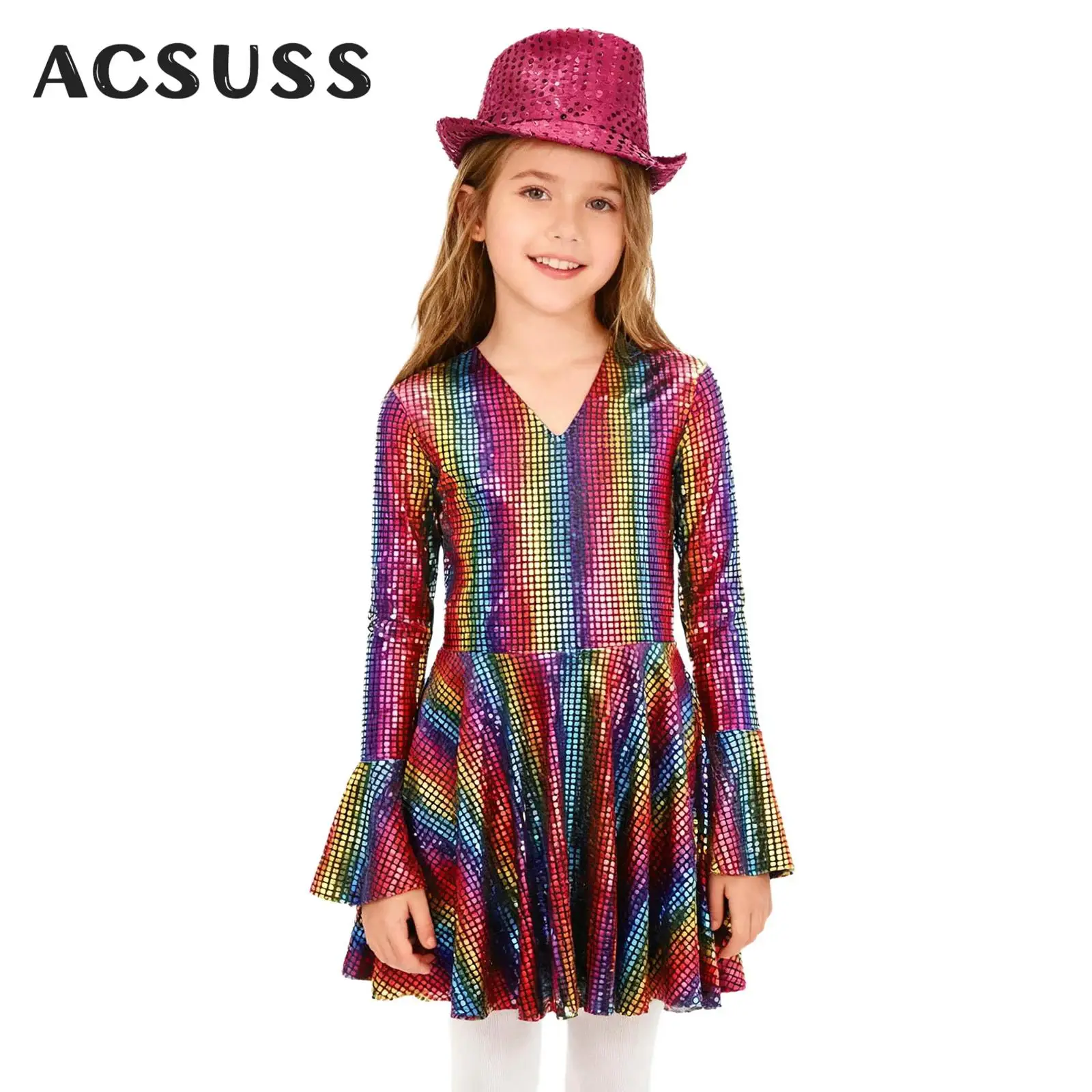 

Детский наряд 70-х годов, диско-джаз, хип-хоп, уличные танцы, хиппи, блестящая футболка/платье с блестками, шляпа Федора для карнавальной тематической вечеринки