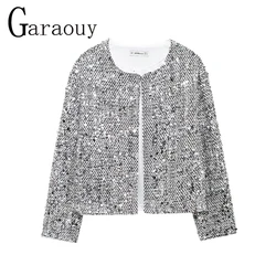 Garaouy Women 2024 Autumn New Arrival Round Neck Solid Color Outweater Sequin Decorated Tweed Sequin Jacket