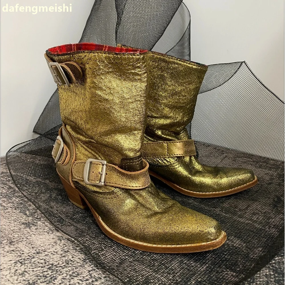 

Gold Retro Cowboy Boots Women Pointed Toe Chunky Heel Belt Buckle Mid-Calf Chelsea Boots Fashion Banquet Catwalk Pleated Boots