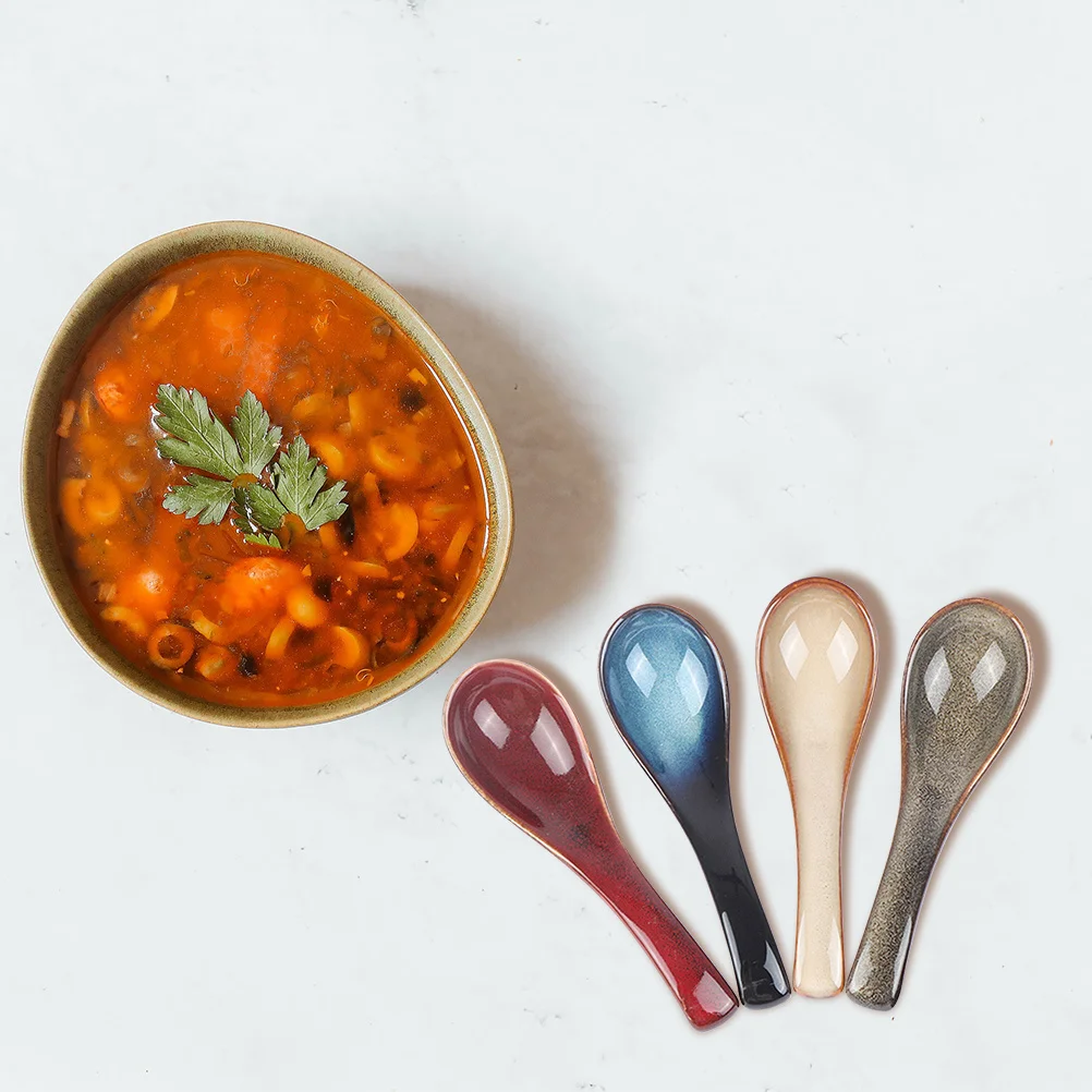 

4Pcs Ceramic Soup Spoons Japanese Style Simple Color Decorative for Household Kitchen Porridge Soup Spoons