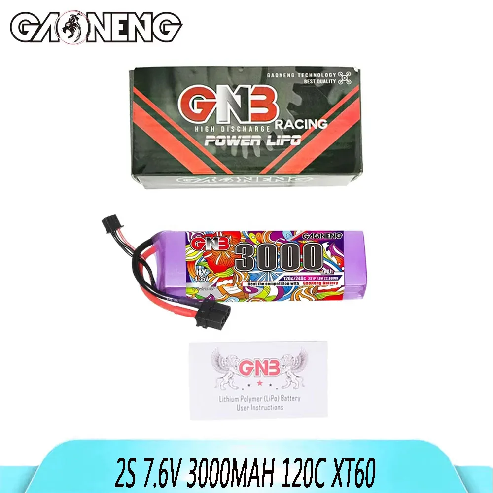 GAONENG GNB LiHV 2S 7.6V 3000mAh 120C LiPo lithium battery with XT60 plug, suitable for RC car, drone