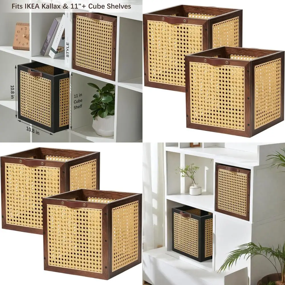 

Кубики для хранения из ротанга, деревянные корзины, плетеный органайзер из натуральной ткани для одежды, книг и журналов (орех)