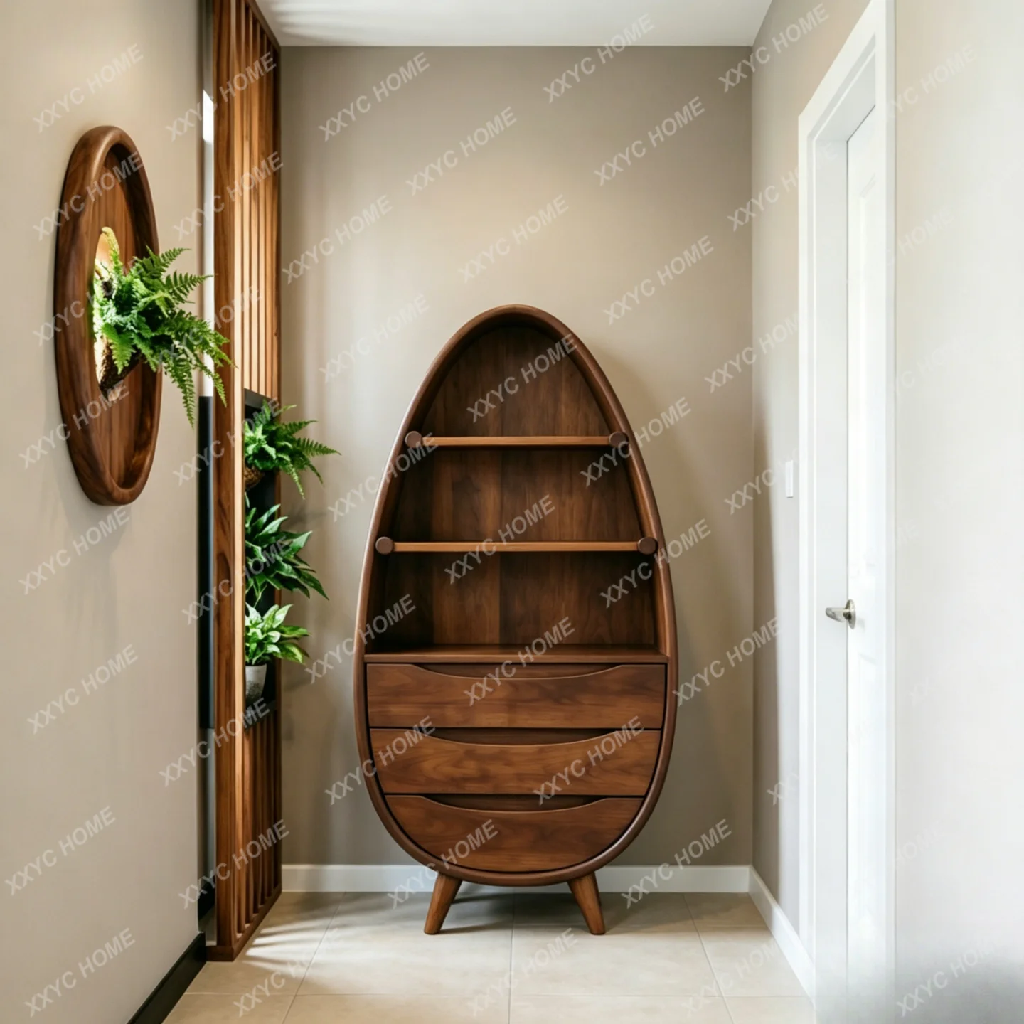 solid wood oval ash wood solid wood bookshelf tea room new Chinese style installation-free quality luxury multi-function