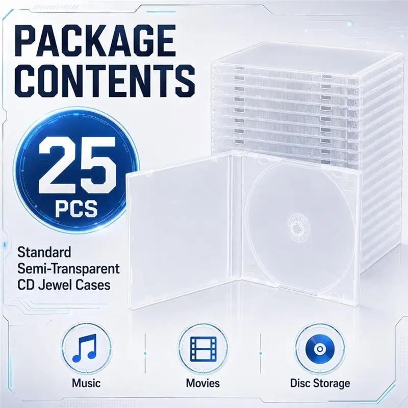 B50B-25 Pack 10.4Mm Cd Cases Clear Blank Cd Storage Single Jewel Case, Blank Cd Protector Case Replacement