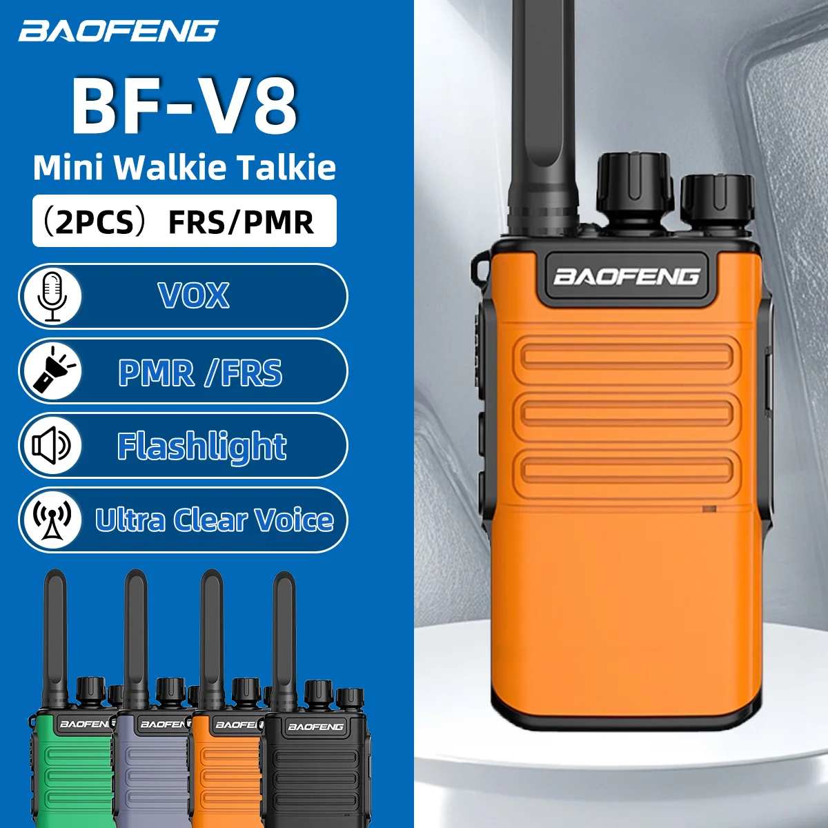 

2 шт. Baofeng BF-V8, рация PMR, мини-радиостанция дальнего действия, перезаряжаемая, с зарядным устройством Type-C, фонариком, портативная двухсторонняя радиостанция для походов