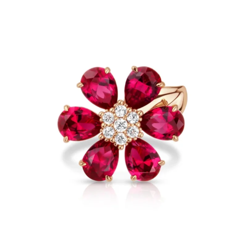 Bellux Exquisite Flower Shaped Ring Rose Gold Plated Red Oval Ruby Synthetic Gemstones Top Quality Zircon 925 Silver Rings