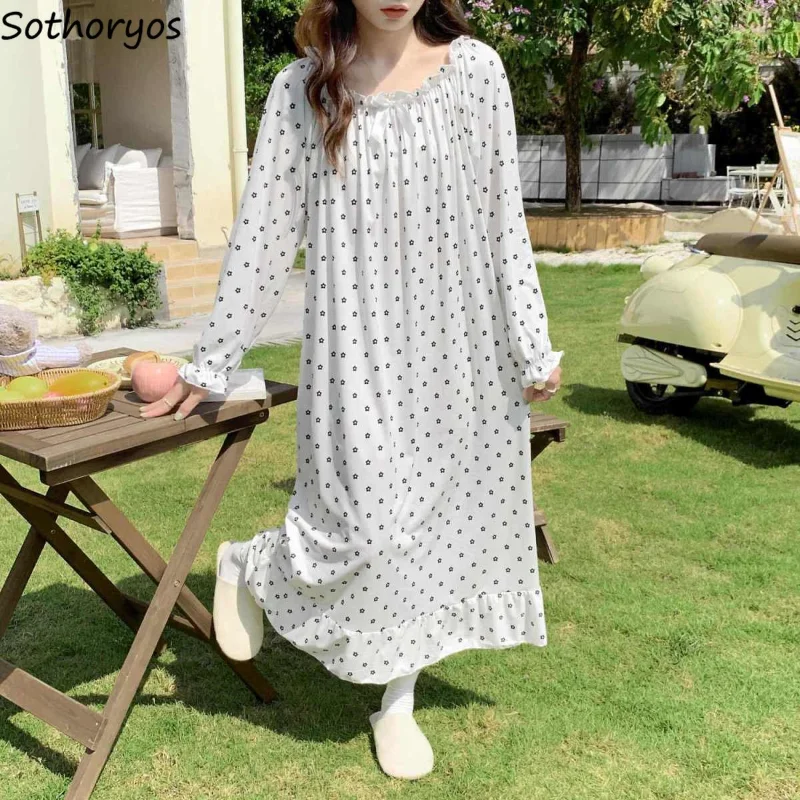 

Nightgowns Women Fashion Ankle-length Casual Sleepwear Light Soft Lounge Autumn Basic Sweet Style Student All-match Loose Cute