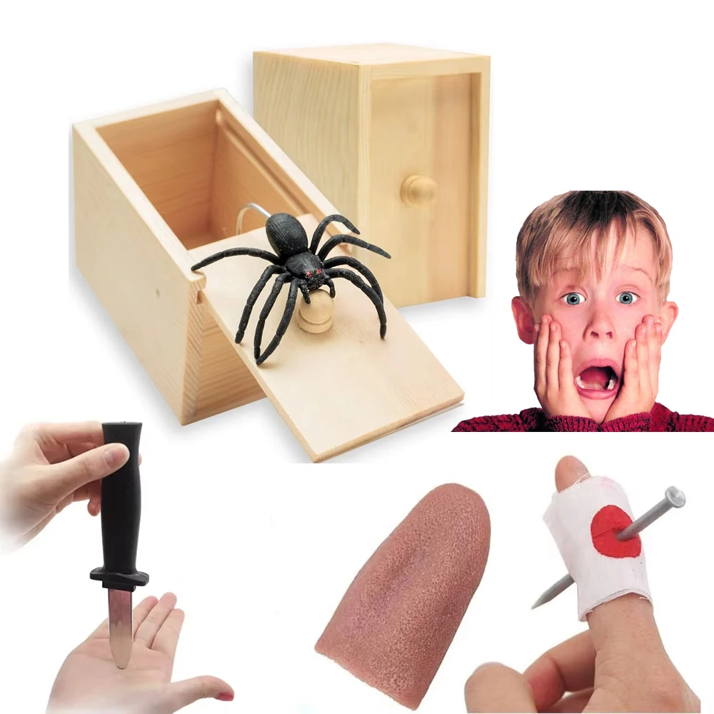 Prank Toys for Kids Adult Funny Spider Scare Prank Box Fake Tongue Snake Finger Through Nail Trick Jokes Halloween Items Toys