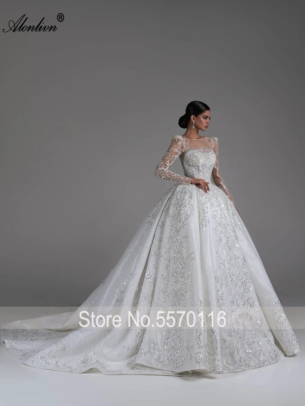 Alonlivn Luxury Ball Gown Wedding Dress Full Sleeves All Beading Pearls Appliques Lace Bridal Skirts With Button