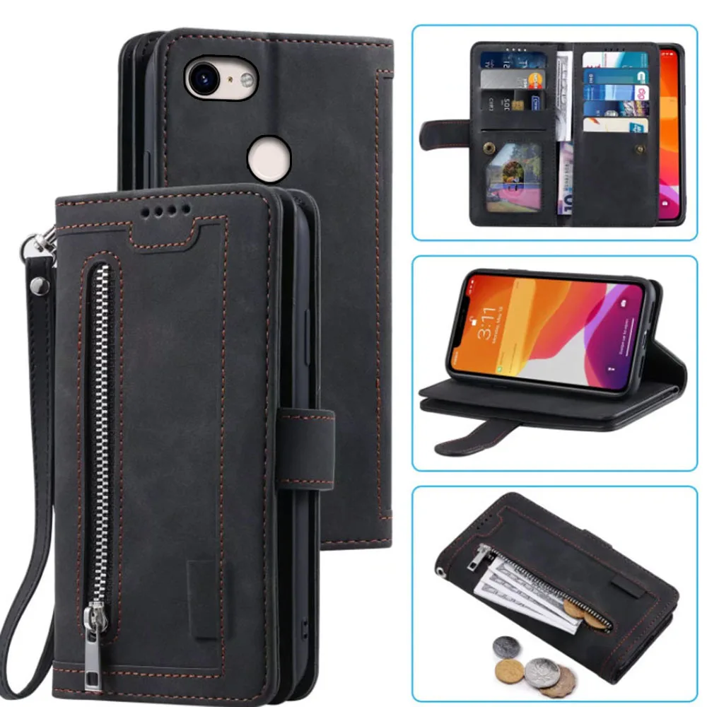 9 Cards Wallet Case For Google Pixel 3 Case Card Slot Zipper Flip Folio with Wrist Strap Carnival Google Pixel3 Cover